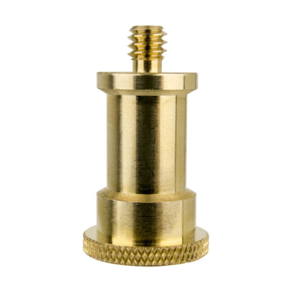 The Kupo KS-073 male adapter pin 5/8" and 3/8"-16 female is fitted with a cylindrical brass body, a ringed base and a small threaded screw at the top, and is presented with an insulated white base.