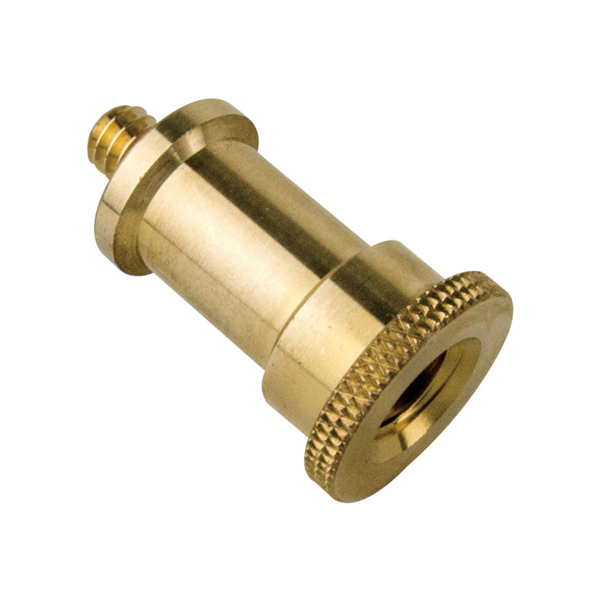 Lähikuva Kupo KS-073 urosadapteritappi 5/8" ja 3/8"-16 naaras, jossa on nystyröity reuna pitoa varten ja kierteitetty liitin erilaisten varusteiden tai lisävarusteiden kiinnittämistä varten.