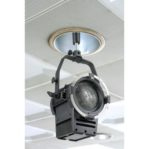 The Kupo KS-127 Recessed Light Socket 5/8" Baby Pin Adapter attaches a black stage spotlight to the ceiling and places it under a circular vent in the white perforated ceiling tile.