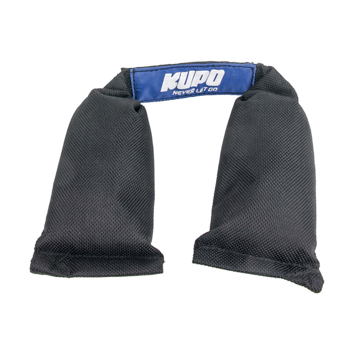 Kupo KSF-15 Shot Bag (6,9 kg) on musta satulalaukkumallinen hiekkasäkki, jossa on sininen "Kupo Never Let Go" -merkintä, ja se on suunniteltu vakauttamaan valokuvaus- tai filmivälineitä.