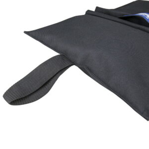 Close-up of the KSD-1680XL Sandbag, black cloth bag with textured surface, stitched handle loop on one side and partially open overlapping flap.