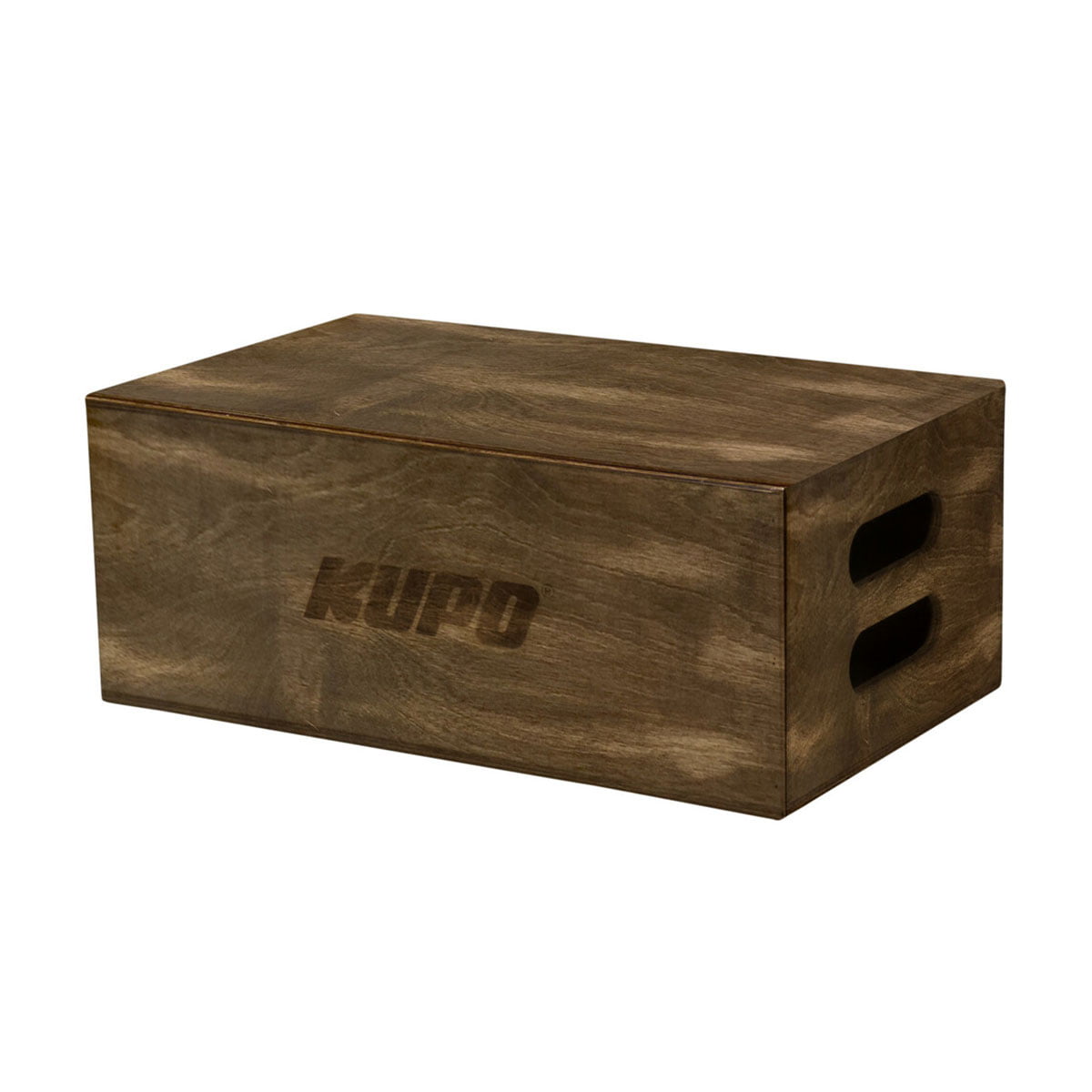 Kupo KAB-008-BST Brown Stained Apple Box - Full is a rectangular wooden box with side handles and the KUPO mark printed on one side. It is commonly used in film and photographic productions.