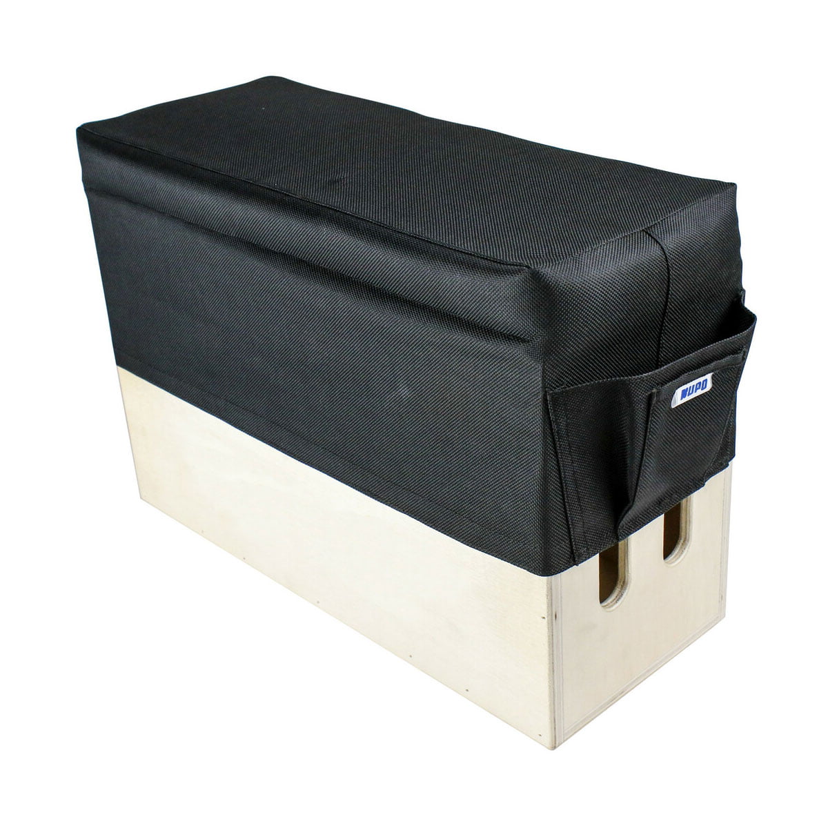 Kupo KAB-025 Apple Box Seat Cushion - Horizontal is a rectangular cushion partially covered in black fabric with side pockets and two cut handles at one end.