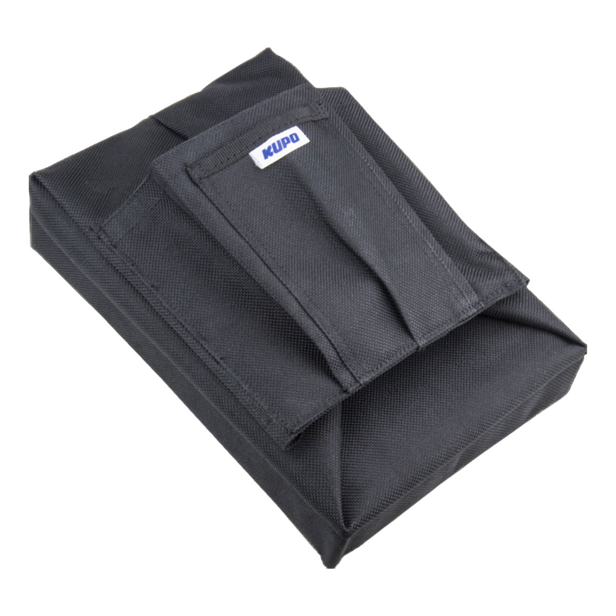 The black, rectangular Kupo KAB-023 Apple Box seat cushion - vertical with flap closure and blue and white Kupo logo on the front pocket, is pictured lying on a white background.