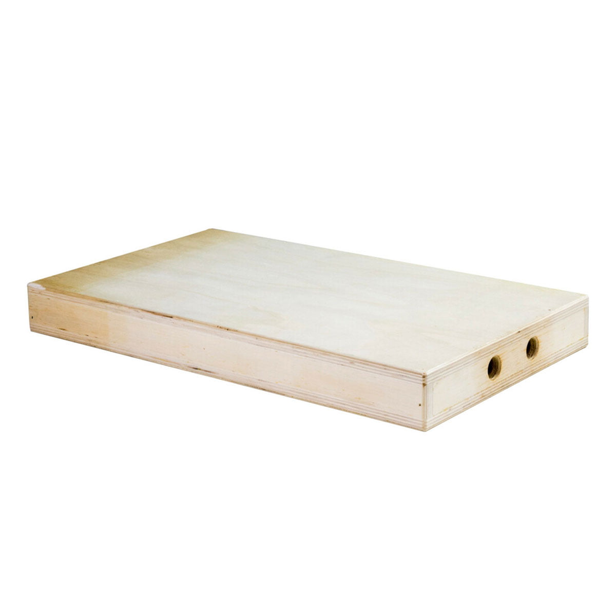 Kupo KAB-002 Apple Box - Quarter is a rectangular, unfinished wooden box with a smooth surface and two round holes on one short side.