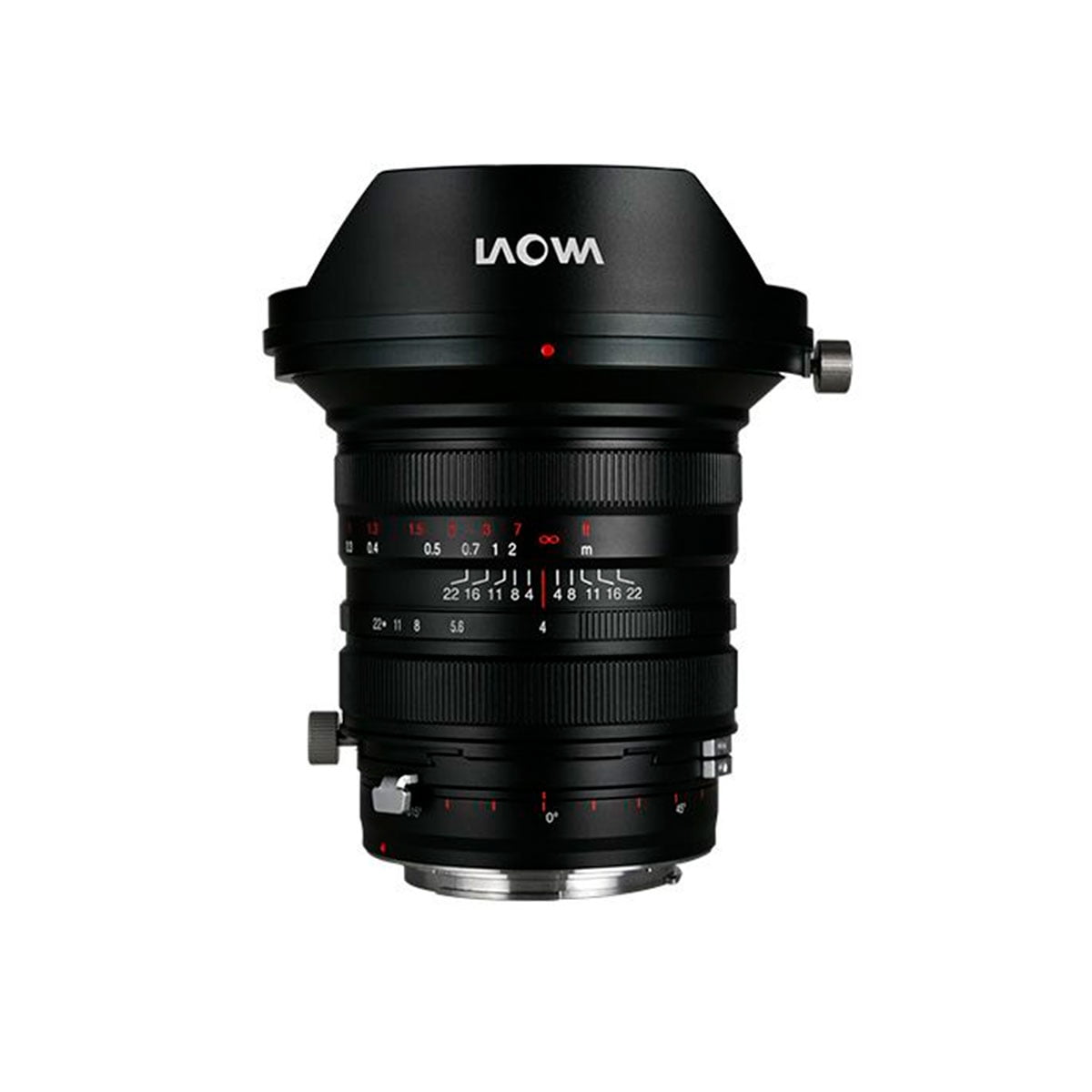 The black Laowa 20mm f/4 Zero-D Shift - Canon EF lens has control knobs and white/red focus and aperture markings on the rings. The wide hood is attached, and the lens is set against a white background.