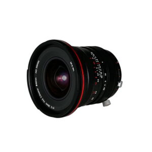 The Laowa 20mm f/4 Zero-D Shift for Canon EF is a wide-angle lens with aperture and focus markings, a red ring near the front element and a backlight shield, isolated in the image by a white background.