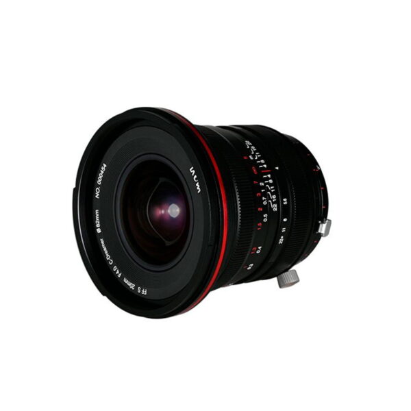 The Laowa 20mm f/4 Zero-D Shift for Canon EF is a wide-angle lens with aperture and focus markings, a red ring near the front element and a backlight shield, isolated in the image by a white background.
