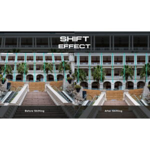 A split image of a multi-storey building with palm trees and stairs. Left: diagonal lines marked before shift; right: straight lines marked after shift, using Laowa 20mm f/4 Zero-D Shift - Canon EF. Text: shift effect.