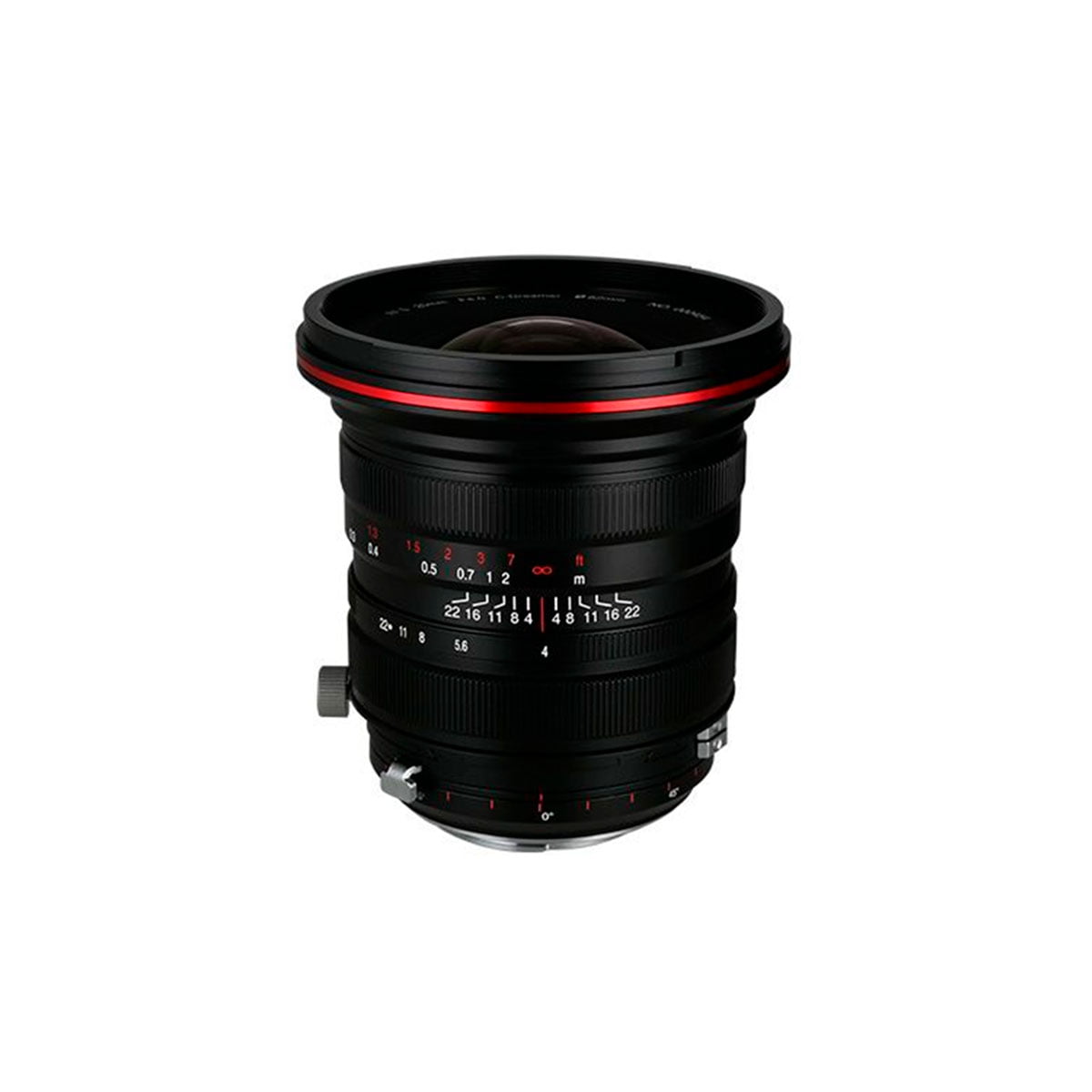 The Laowa 20mm f/4 Zero-D Shift for Canon EF is a black wide-angle lens with red highlights and white focal length and aperture markings on a white background.