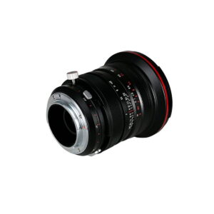 The Laowa 20mm f/4 Zero-D Shift - Canon EF lens is black with red accents, a silver mounting ring, focus and aperture rings and engraved numbers on a white background.