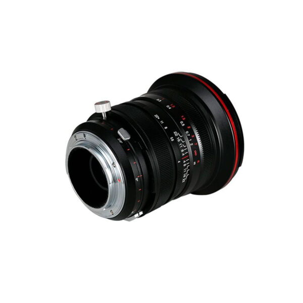 The Laowa 20mm f/4 Zero-D Shift - Canon EF lens is black with red accents, a silver mounting ring, focus and aperture rings and engraved numbers on a white background.