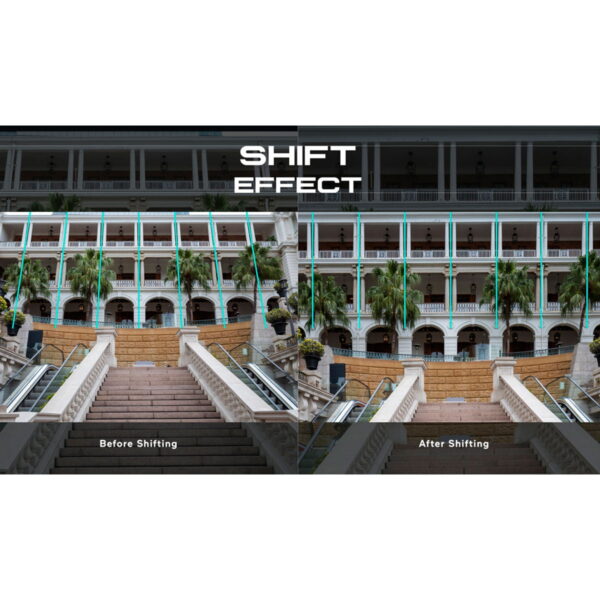 A split image of a multi-storey building with palm trees and stairs. Left: diagonal lines marked before shift; right: straight lines marked after shift, using Laowa 20mm f/4 Zero-D Shift - Canon EF. Text: shift effect.