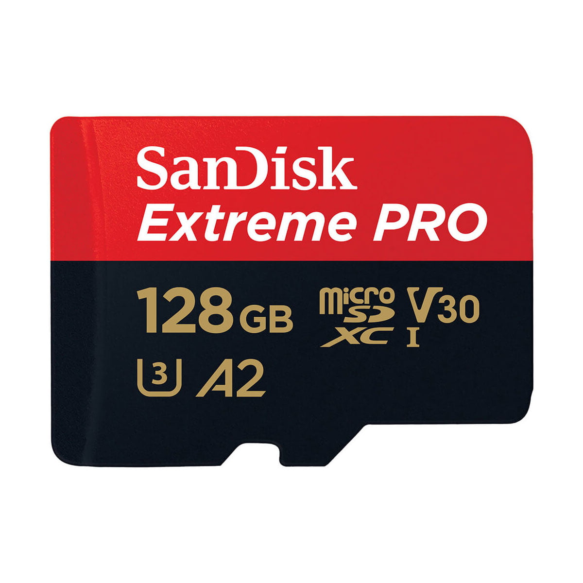 Sandisk MicroSDXC 128GB Extreme Pro 200MB/s -muistikortti tarjoaa UHS-I-, V30-, U3- ja A2-luokitukset punaisella ja mustalla muotoilulla sekä kultaisella ja valkoisella tekstillä.
