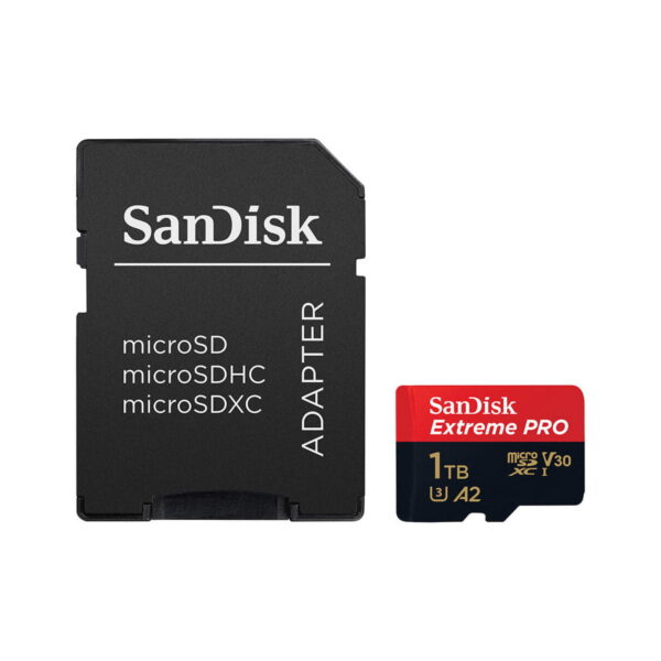 Sandisk-Extreme-Pro-MicroSD-1TB-200MBs-2 The Sandisk MicroSD adapter is shown next to the Sandisk MicroSDXC 1TB Extreme Pro 200MB/s memory card.