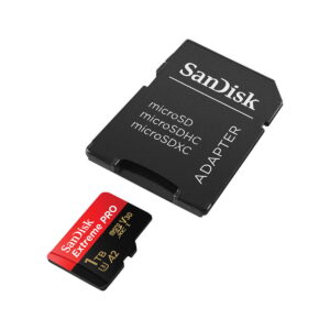 Sandisk-Extreme-Pro-MicroSD-1TB-200MBs-3 The Sandisk MicroSDXC 1TB Extreme Pro 200MB/s memory card is displayed next to the black SanDisk microSD SD card adapter.