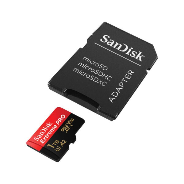 Sandisk-Extreme-Pro-MicroSD-1TB-200MBs-3 The Sandisk MicroSDXC 1TB Extreme Pro 200MB/s memory card is displayed next to the black SanDisk microSD SD card adapter.