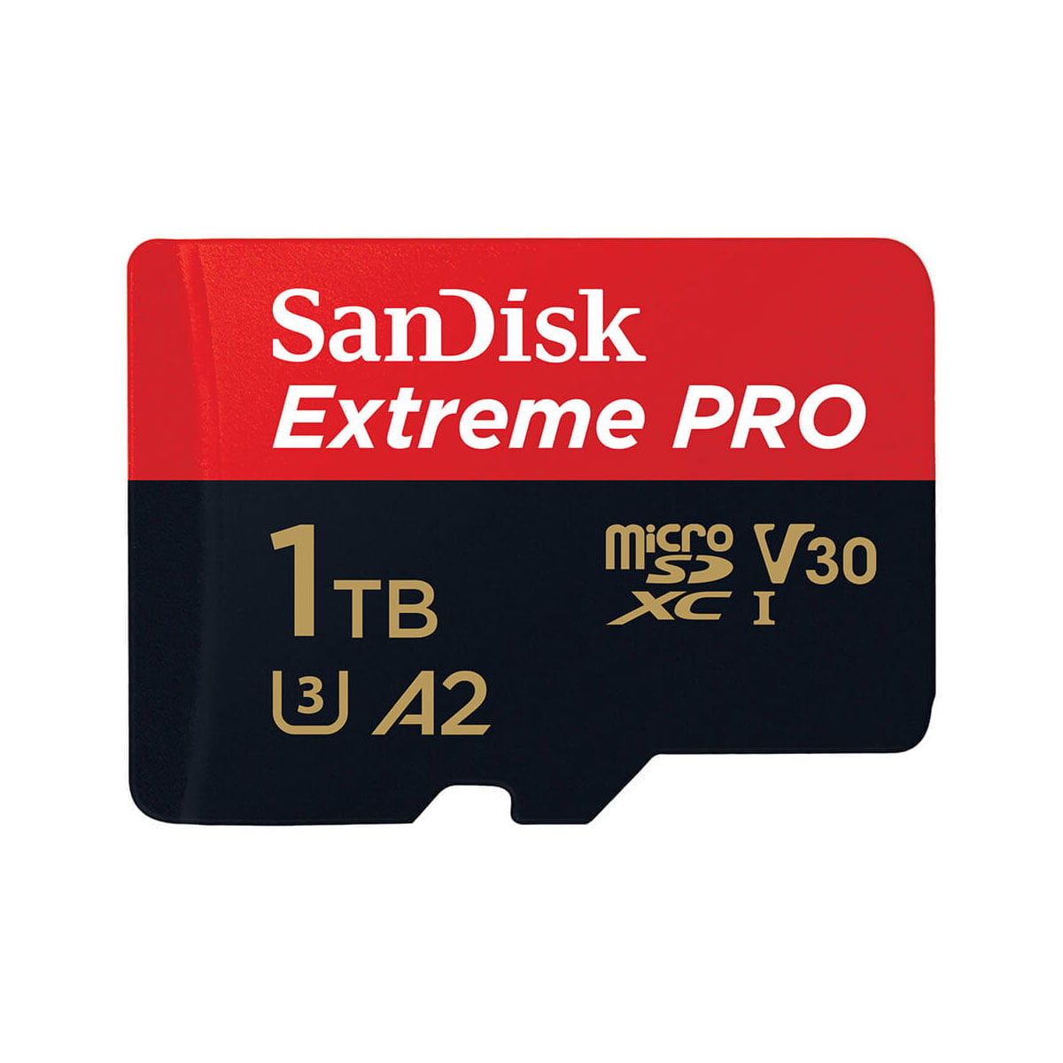 Sandisk MicroSDXC 1TB Extreme Pro 200MB/s -muistikortti on varustettu V30, U3 ja A2 nopeusluokituksilla sekä punaisella ja mustalla muotoilulla.