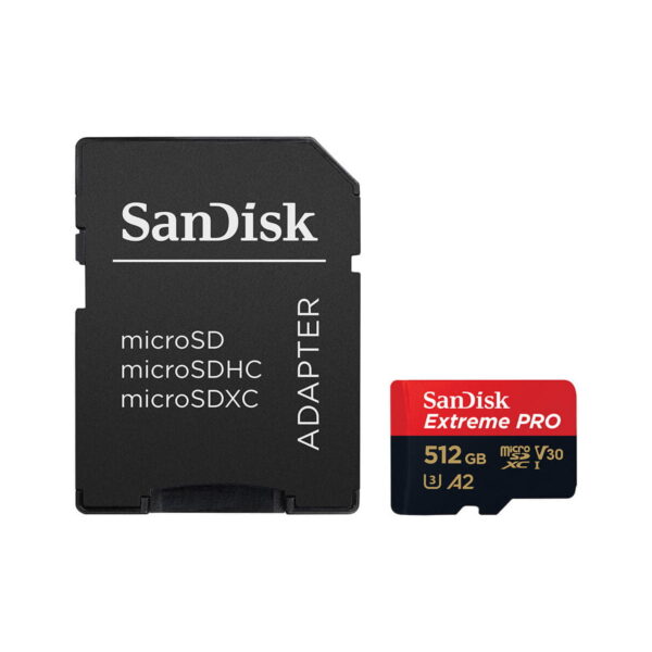 Sandisk MicroSDXC 512GB Extreme Pro 200MB/s memory card with microSD card adapter, featuring a red and black design with white and yellow lettering.