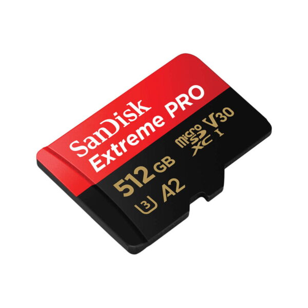 Sandisk MicroSDXC 512GB Extreme Pro 200MB/s memory card with A2, V30, U3 and microSDXC in gold text on a black and red background.