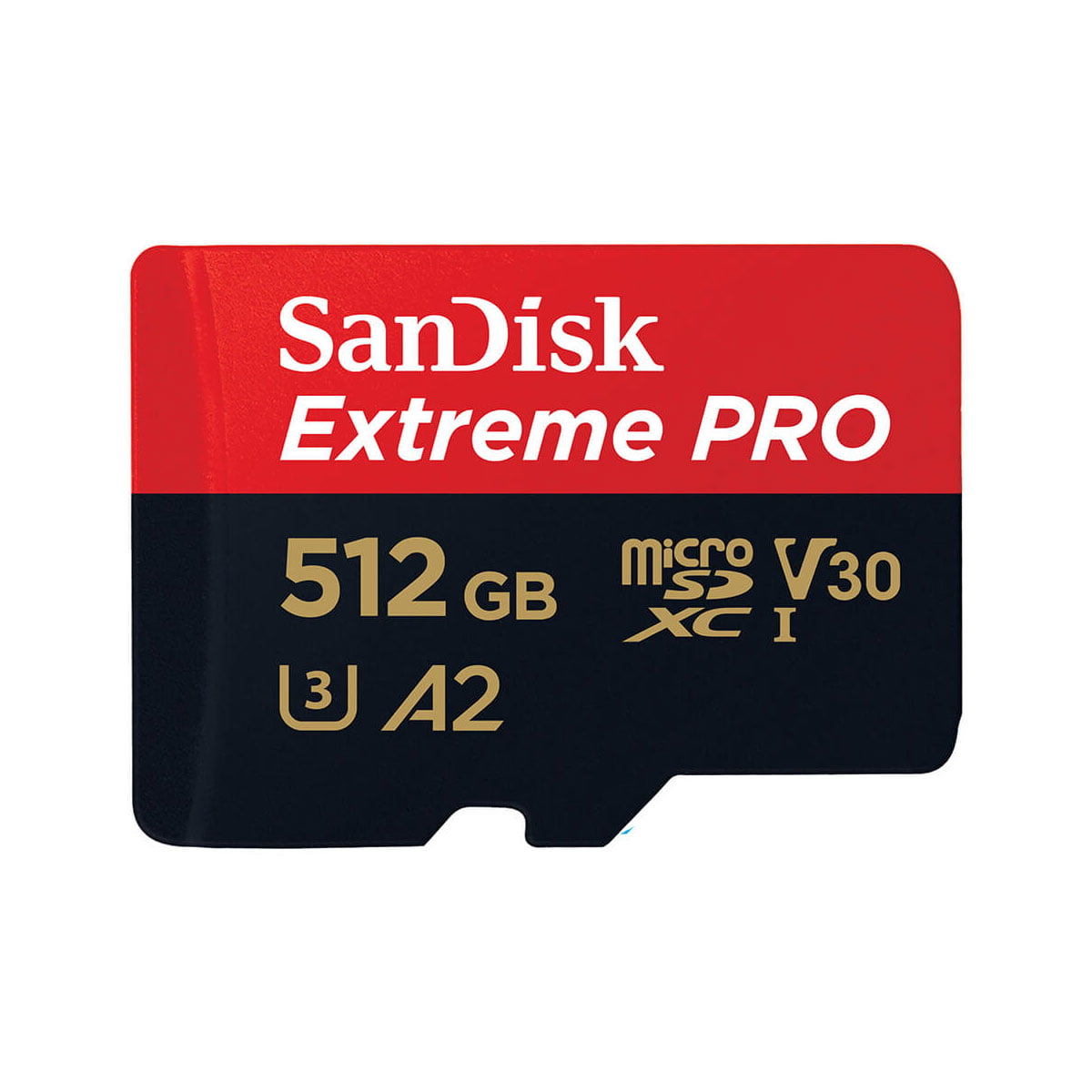 The Sandisk MicroSDXC 512GB Extreme Pro 200MB/s memory card is a red and black memory card with gold text showing V30, A2 and U3 data.