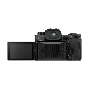 Fujifilm Fan-001 Tuuletin näytetään takaa, ja siinä on vasemmalla puolella ulosvedettävä LCD-näyttö sekä erilaisia ohjauspainikkeita ja säätimiä rungon oikealla puolella.