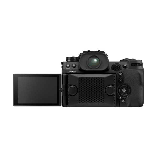 Fujifilm Fan-001 Tuuletin näytetään takaa, ja siinä on vasemmalla puolella ulosvedettävä LCD-näyttö sekä erilaisia ohjauspainikkeita ja säätimiä rungon oikealla puolella.