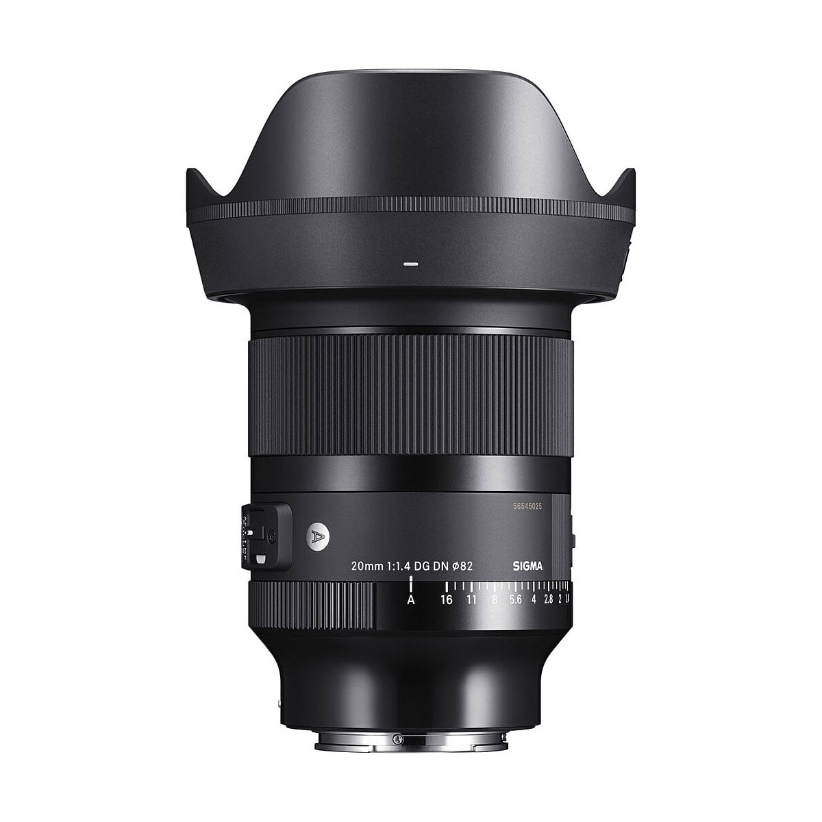 The black Sigma 20mm f/1.4 DG DN Art lens, Sony E, with backlight protection, stands vertically on a white background, with its focus rings, aperture rings, switches and branding clearly visible.