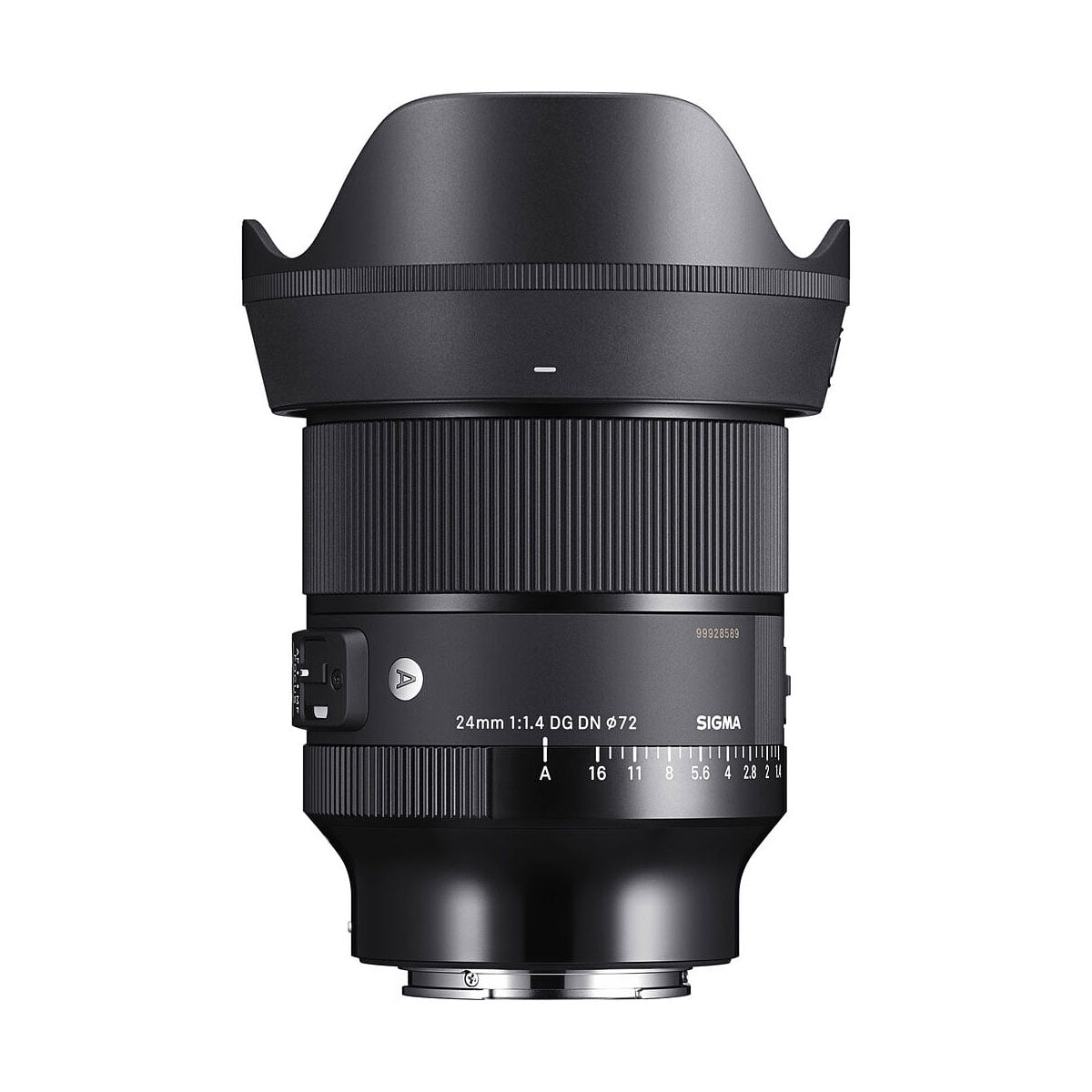 Sigma 24mm f/1.4 DG DN Art lens, Sony E, with black body, petal-shaped hood and visible focus and aperture rings, shot vertically against a white background.