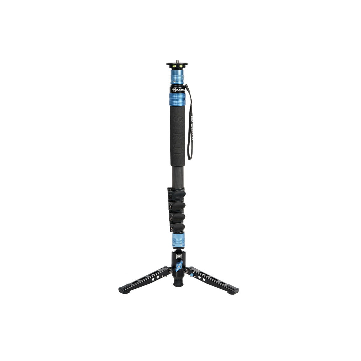 Sirui Monopod P-325FL carbon fibre monopod, black and blue, with foam handle, wrist strap and foldable tripod stand, stands upright on a white base.