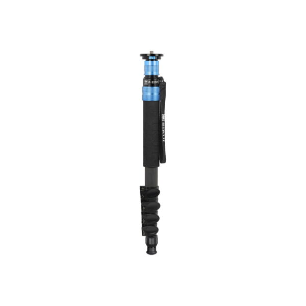 Sirui_P-325FL_002 The Sirui Monopod P-325FL is a black and blue carbon fibre monopod with a padded handle, adjustable feet and wrist strap, shown upright against a white background.