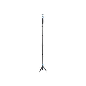 Sirui_P-325FL_003 Sirui Monopod P-325FL - carbon fibre monopod, black and blue The carbon fibre monopod with four adjustable sections and a small tripod stands upright against a white background.