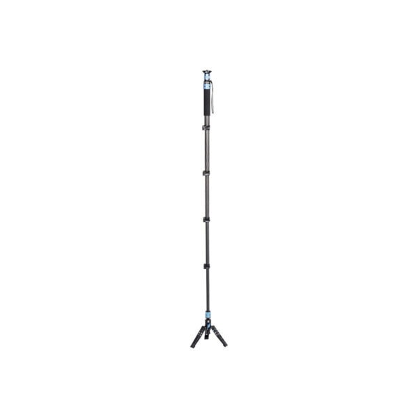 Sirui_P-325FL_003 Sirui Monopod P-325FL - carbon fibre monopod, black and blue The carbon fibre monopod with four adjustable sections and a small tripod stands upright against a white background.