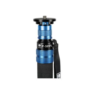 Sirui_P-325FL_004 Close-up Sirui Monopod P-325FL - Carbon fibre monopod, blue and black carbon fibre monopod with wrist strap, fixing screw, textured handle and visible branding.