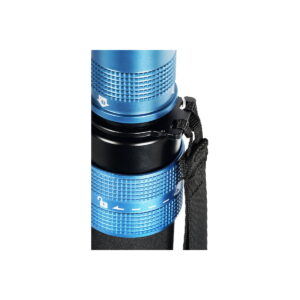 Sirui_P-325FL_007 Close-up Sirui Monopod P-325FL carbon fibre monopod with blue and black carbon fibre telescopic body, textured handle, adjustment markings and attached black strap.