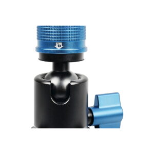 Sirui_P-325FL_009 Close-up Sirui Monopod P-325FL carbon fibre monopod with black and blue metal ball head with textured blue control knob and locking lever, isolated on a white background.