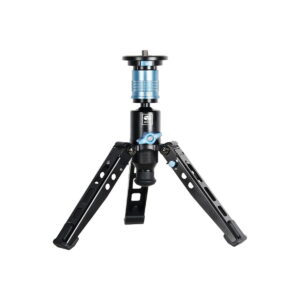 Sirui_P-325FL_010 The Sirui Monopod P-325FL is a compact black and blue carbon fibre tripod with three folding legs and an adjustable mounting plate, designed for cameras or small devices, shown in white.