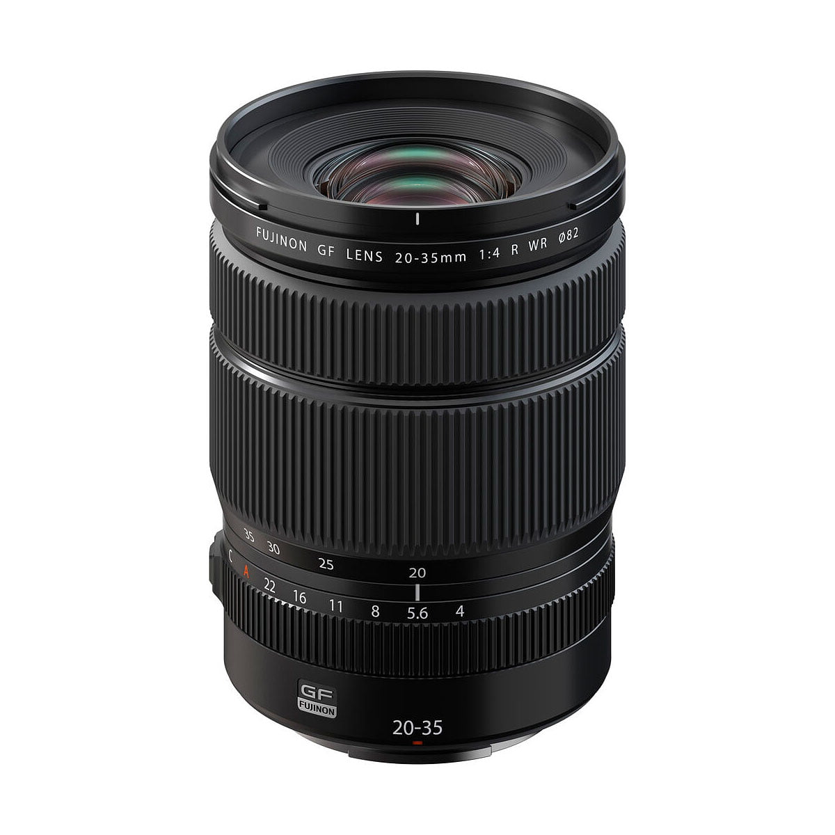 Fujifilm Fujinon GF 20-35mm f/4 R WR -objektiivi seisoo pystyasennossa valkoisella pohjalla, ja sen zoomaus- ja tarkennusrenkaat sekä merkinnät ovat näkyvissä.