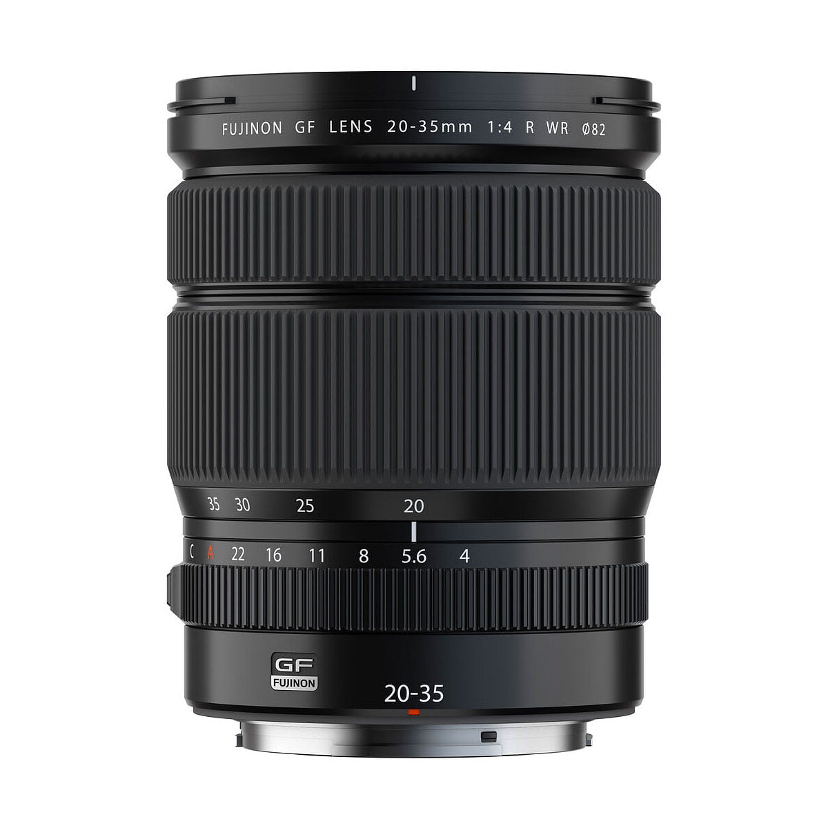 The Fujifilm Fujino GF 20-35mm f/4 R WR lens stands upright against a white background, with textured zoom and focus rings and clear focal length markings.