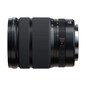 Black Fujifilm Fujinon GF 20-35mm f/4 R WR lens with textured zoom and focus rings with clear focal length and aperture markings, against a white background.