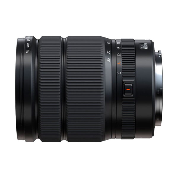 Black Fujifilm Fujinon GF 20-35mm f/4 R WR lens with textured zoom and focus rings with clear focal length and aperture markings, against a white background.