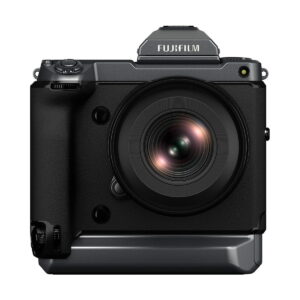 Front view of the Fujifilm Fujino GF 20-35mm f/4 R WR lens in black with large lens barrel, control buttons, textured focus ring and branding at the top against a white background.