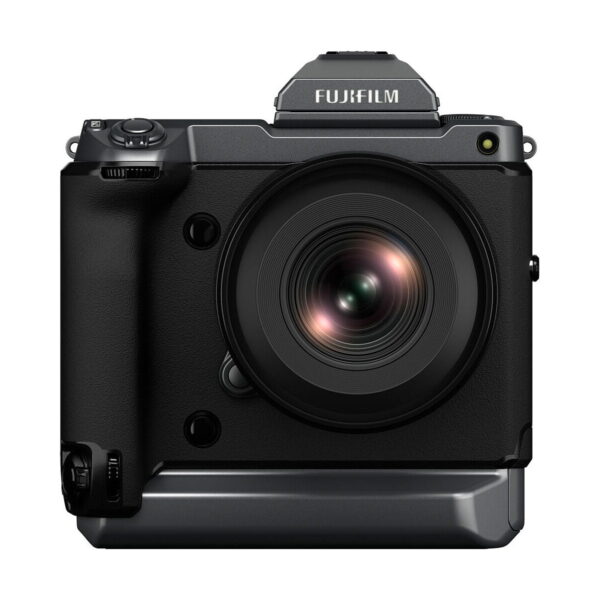 Front view of the Fujifilm Fujino GF 20-35mm f/4 R WR lens in black with large lens barrel, control buttons, textured focus ring and branding at the top against a white background.