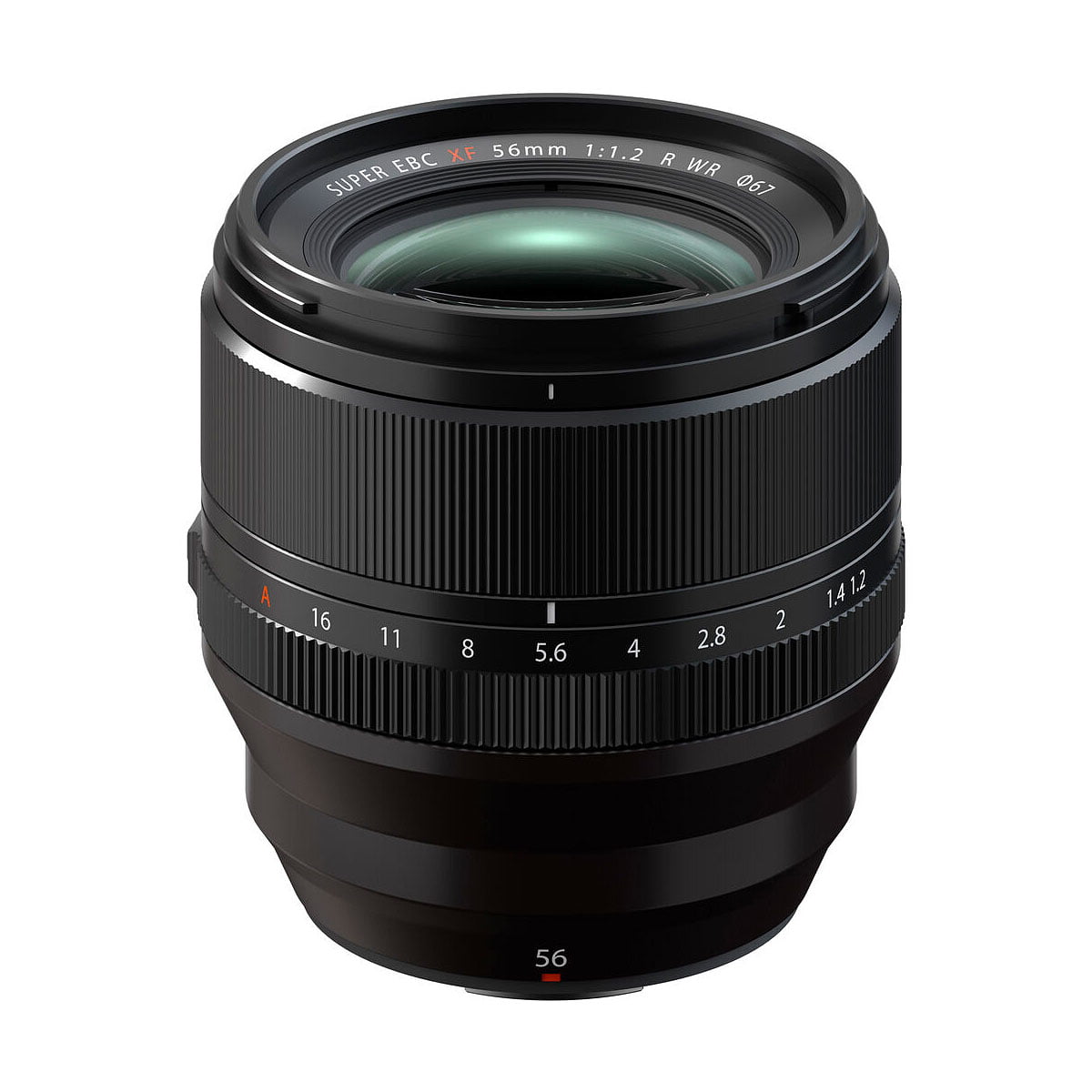 Musta Fujifilm Fujinon XF 56mm f/1.2 R WR -objektiivi, jossa on kuvioitu tarkennusrengas ja aukkomerkinnät, joissa on merkintä SUPER EBC XF 56mm 1:1.2 R WR Ø67 ja 56 valkoisella ja punaisella tekstillä, valkoista taustaa vasten.