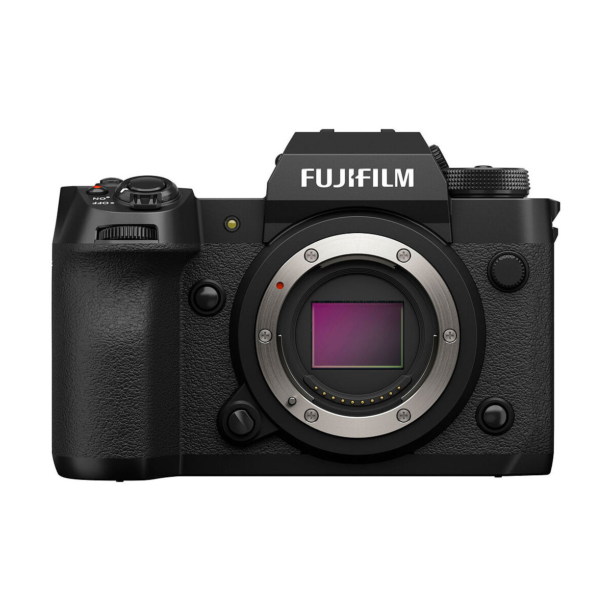 A Fujifilm X-H2 -järjestelmäkamera runko, jossa näkyvä kenno ja ei objektiivia, esillä valkoisella taustalla.