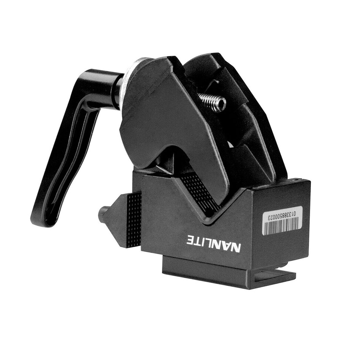 NANLITE Forza Clamp with Hook on musta metallinen puristin, jossa on vipukahva, näkyvä ruuvi, viivakooditarra ja NANLITE-brändi sivulla valkoista taustaa vasten.