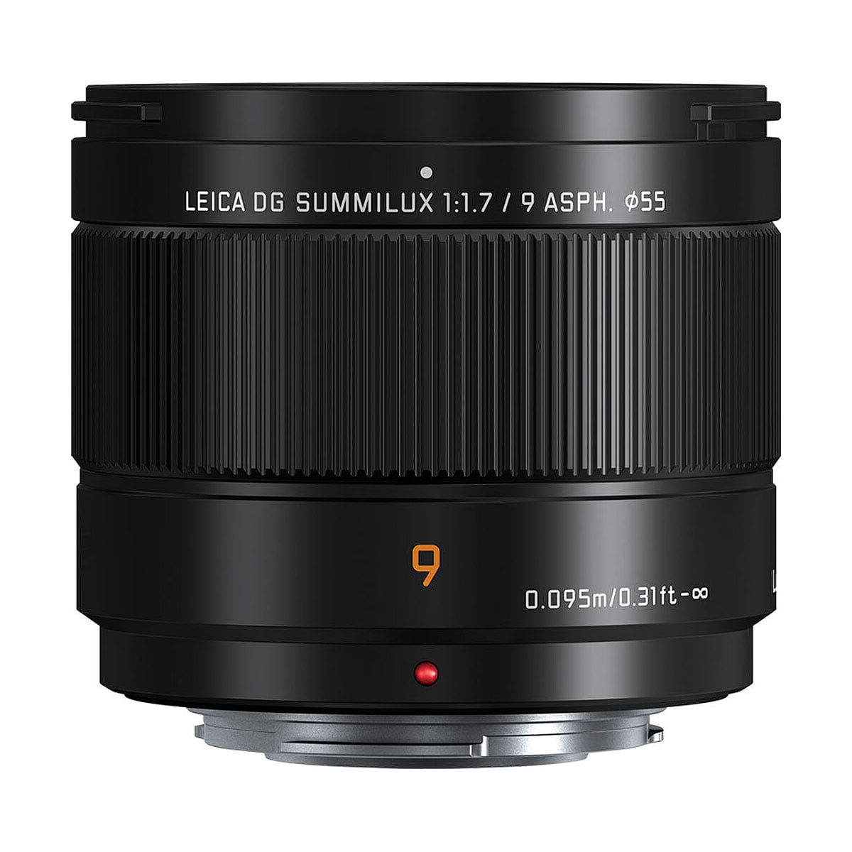 Panasonic Leica DG Summilux 9mm F/1.7 ASPH -objektiivi on esitetty mustana, jossa on uurrettu tarkennusrengas, valkoiset ja oranssit merkinnät sekä punainen kohdistuspiste valkoista taustaa vasten.