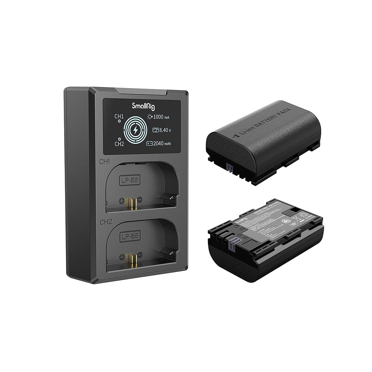 SmallRig_LP-E6NH_Camera_Battery_and_Charger_Kit_3821_002 Kuvassa on SmallRig 3821 LP-E6NH -kameran akku- ja laturisarja, jossa on kaksipaikkainen laturi, jossa on kaksi ladattavaa kameran akkua - yksi laturin yläpuolella ja toinen laturin alapuolella.