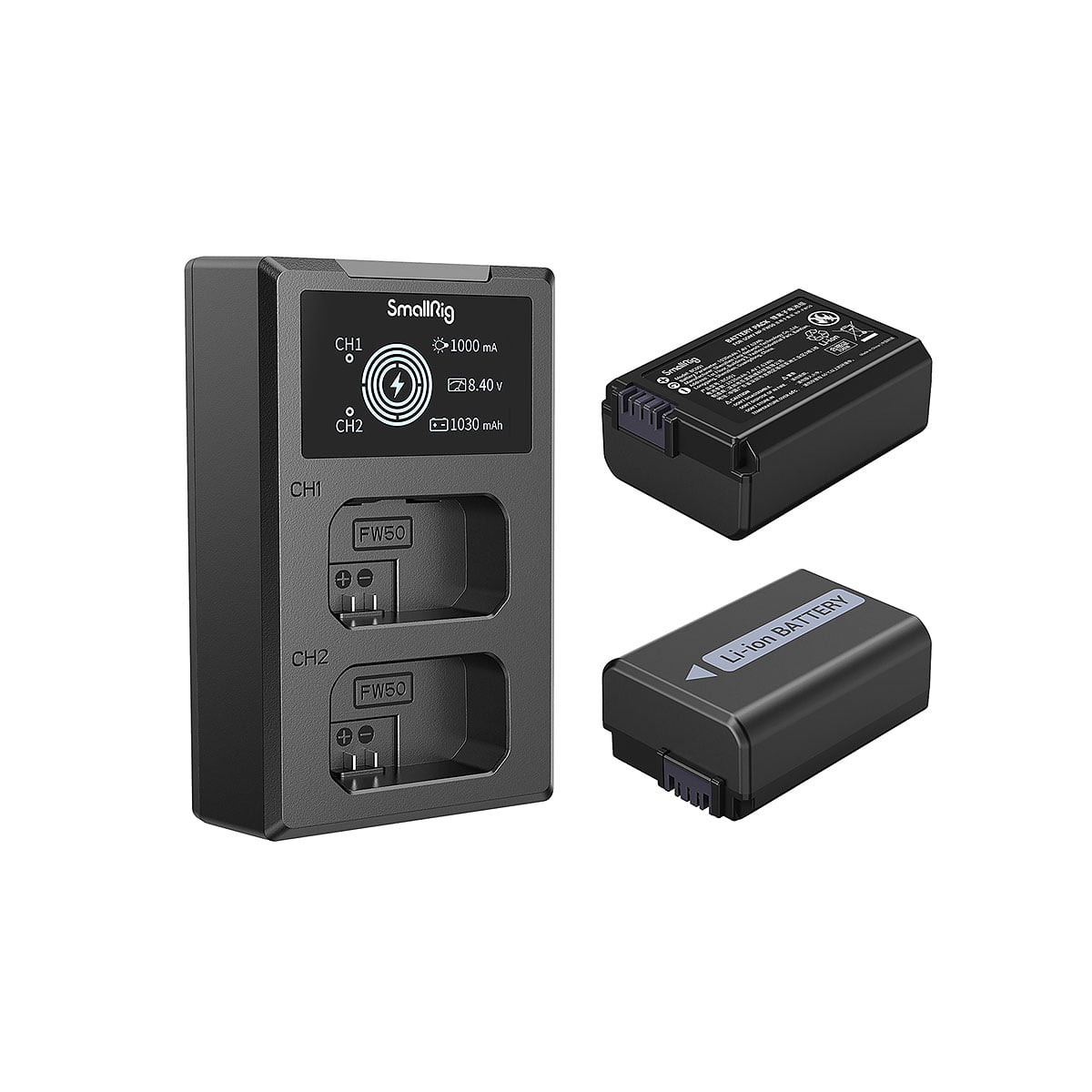 SmallRig_NP-FW50_Camera_Battery_and_Charger_Kit_3818_002 SmallRig 3818 NP-FW50 -kameran akku- ja laturisarja sisältää mustan kaksoislaturin, jossa on merkkivalot, merkityt paikat ja kaksi erillistä Li-ion BATTERY -kameran akkua.