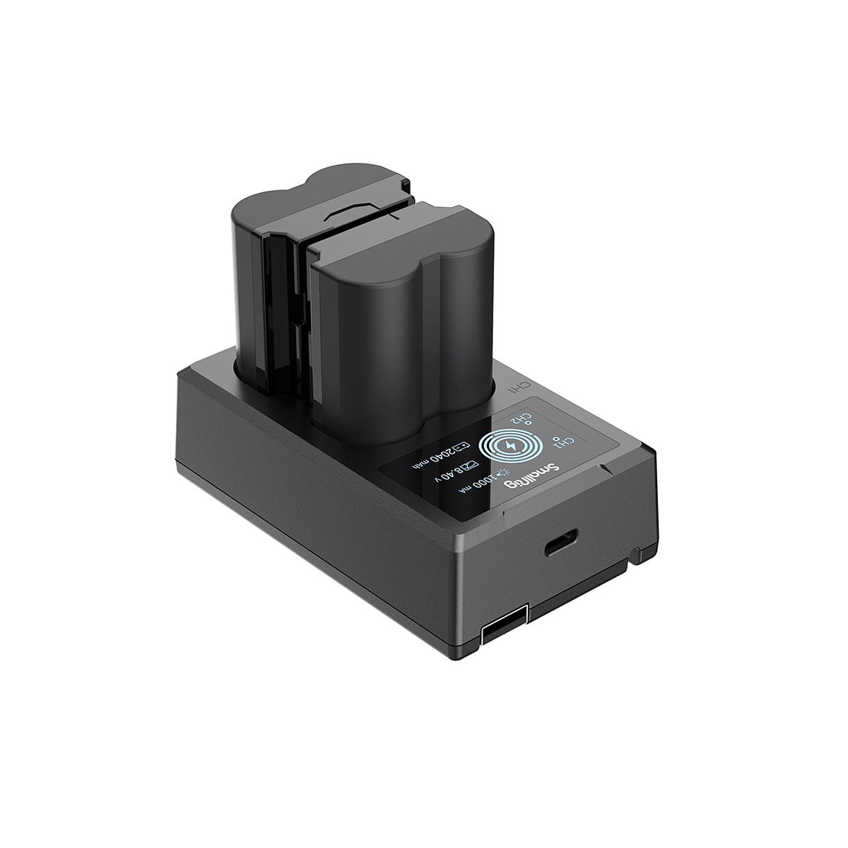 SmallRig_NP-W235_Camera_Battery_and_Charger_Kit_3822_001 SmallRig 3822 NP-W235 -kameran akku- ja laturisarjassa, joka on kuvassa mustana, kun kaksi akkua on asetettu, on LED-näyttö ja USB-portti, jotka näkyvät valkoisella pohjalla.
